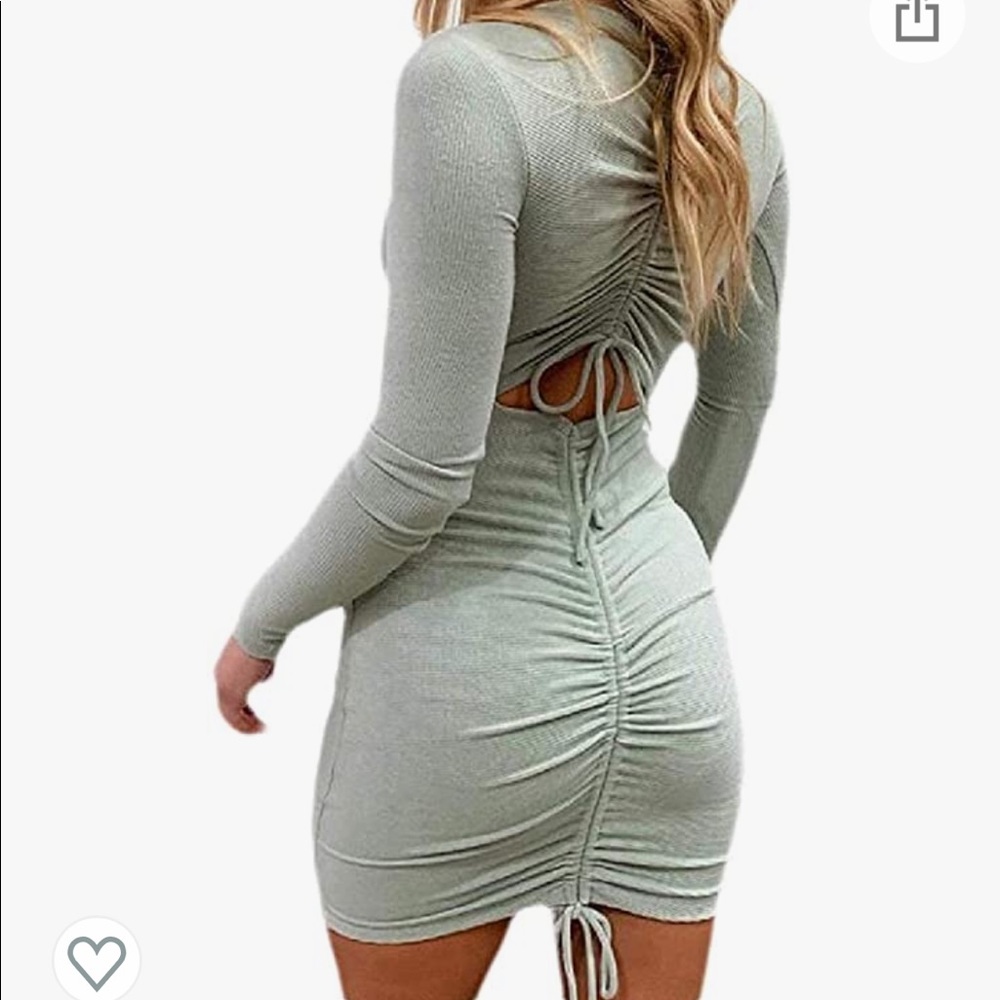 Forever 21 Long Sleeve Tan Ruched Back Cutout Drawstring Dress